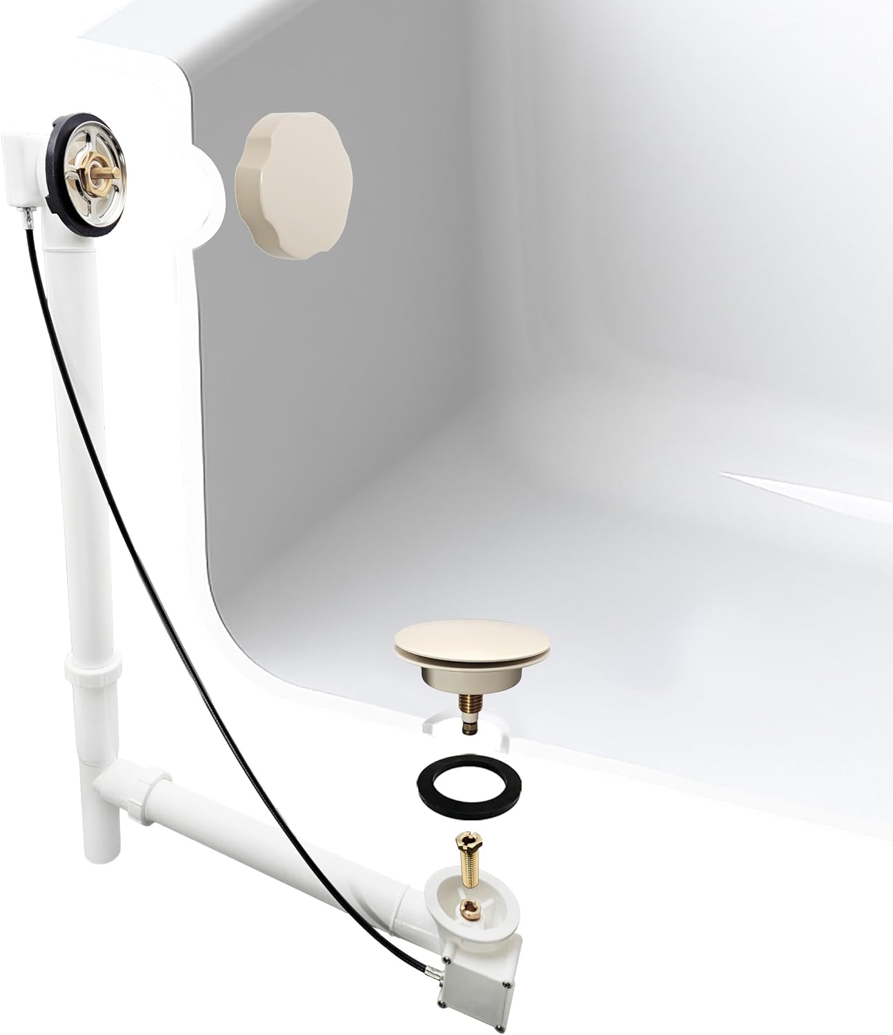 Westbrass A50P27TLE-65 27' Cable Drive Bath Drain Trim Kit with Rotary Overflow Cover Knob, European Stopper and Poly Tubular Pipes, Biscuit