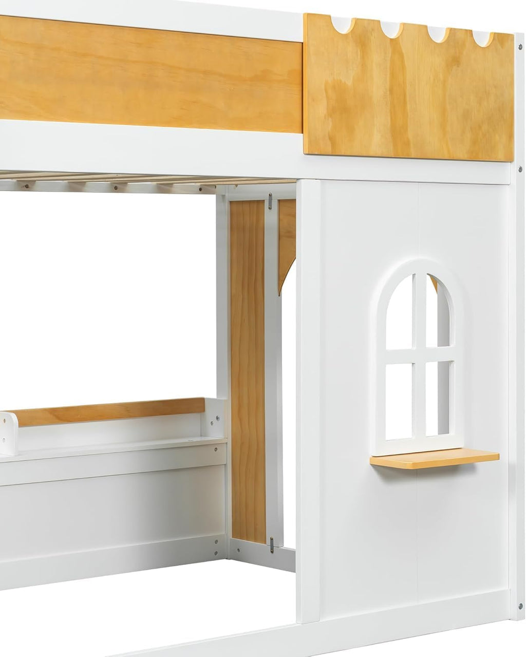 MERITLINE Twin Over Twin Bunk Bed with Storage Shelves,Window,and Doors,Solid Wood Floor House Bunk Bed with Storage, Ladder and Guardrails for Teens Adults