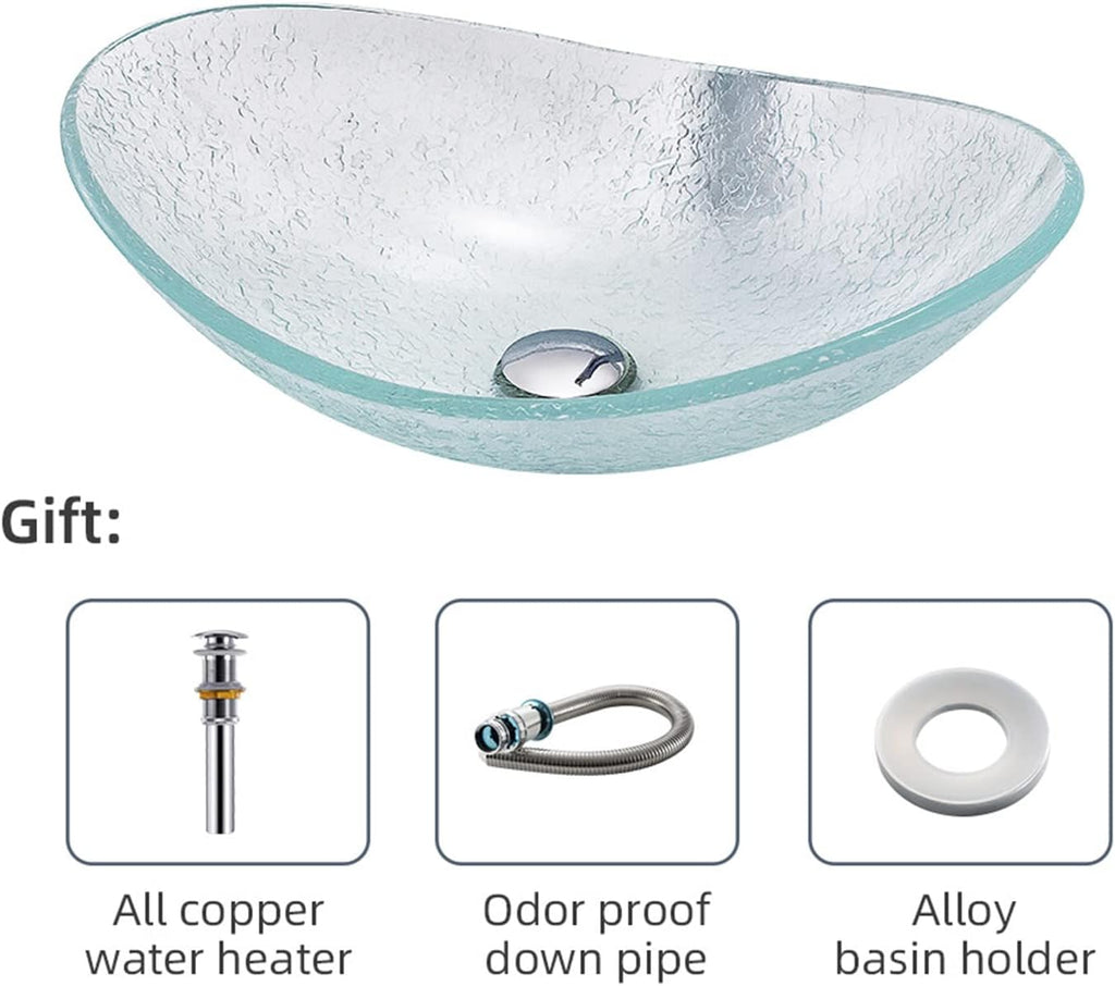Tempered Glass Vessel Bowl Sink, Top Mount Installation Bathroom Sinks Above Counter, Oval Boat Vanity Countertop Sink Bowl with Chrome Faucet,Single Basin Set (Single Basin Set)