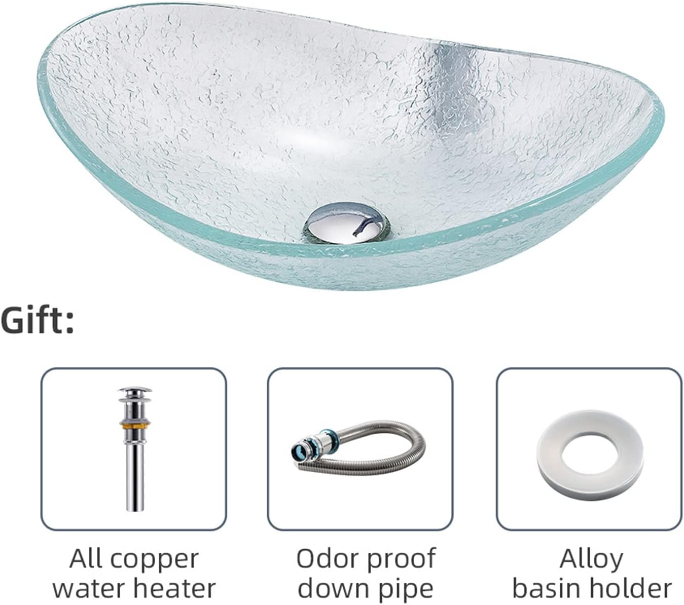Tempered Glass Vessel Bowl Sink, Top Mount Installation Bathroom Sinks Above Counter, Oval Boat Vanity Countertop Sink Bowl with Chrome Faucet,Single Basin Set (Single Basin Set)