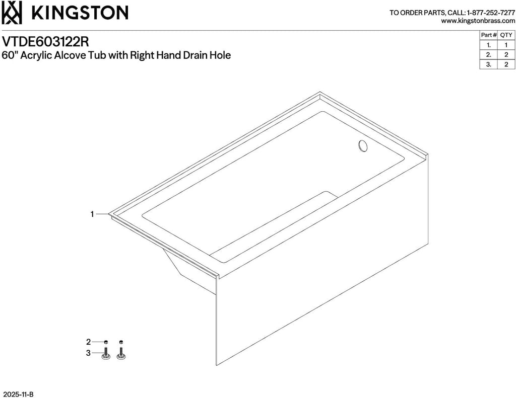 KINGSTON BRASS VTDE603122R 60-Inch Contemporary Alcove Acrylic Bathtub with Right Hand Drain and Overflow Holes, White