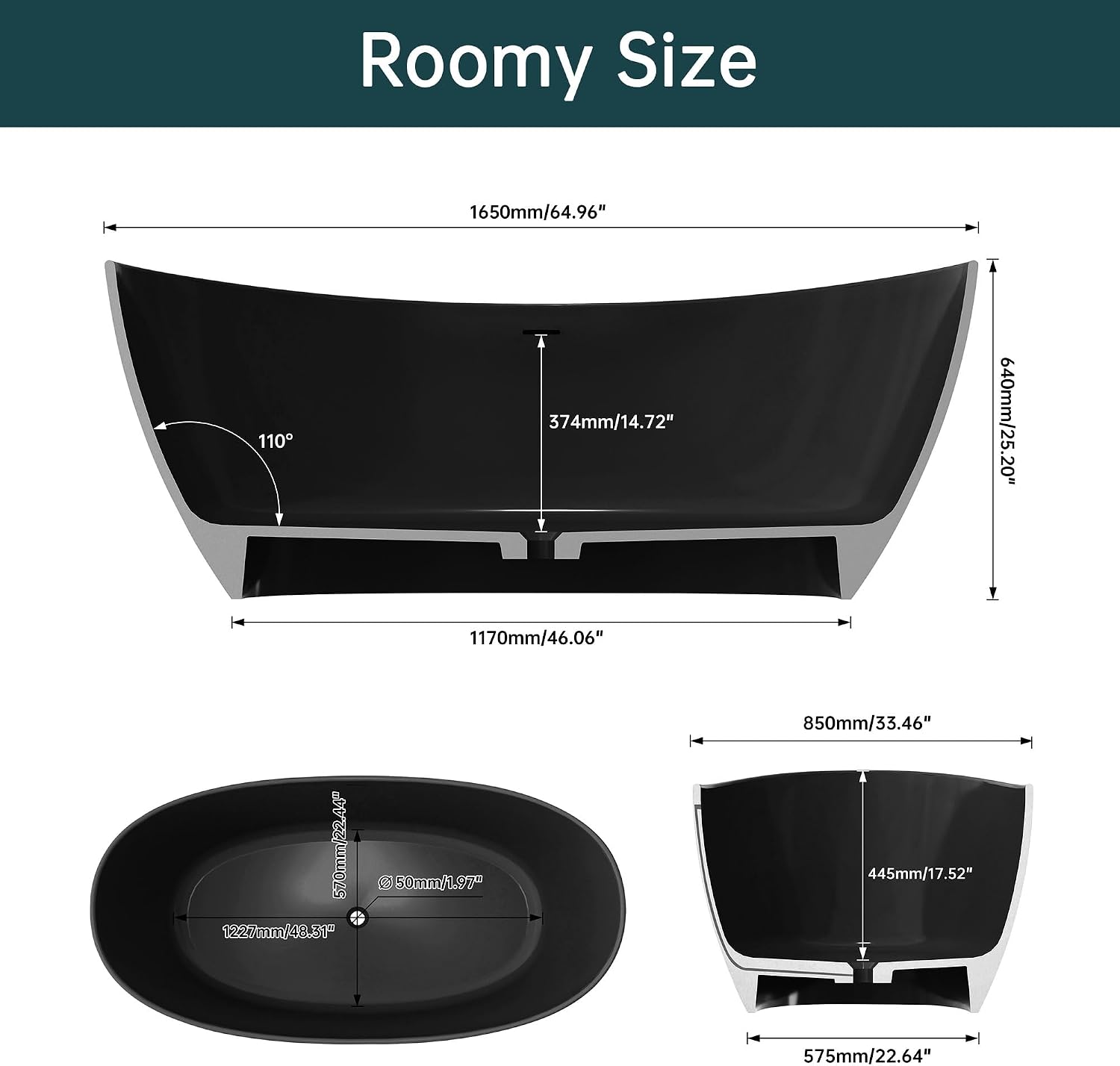 65' Stone Resin Black freestanding bathtubs，Transparent Oval Freestanding Tub Deep Soaking Bathtub Modern Tubs with Overflow and Pop-up Drain in Black