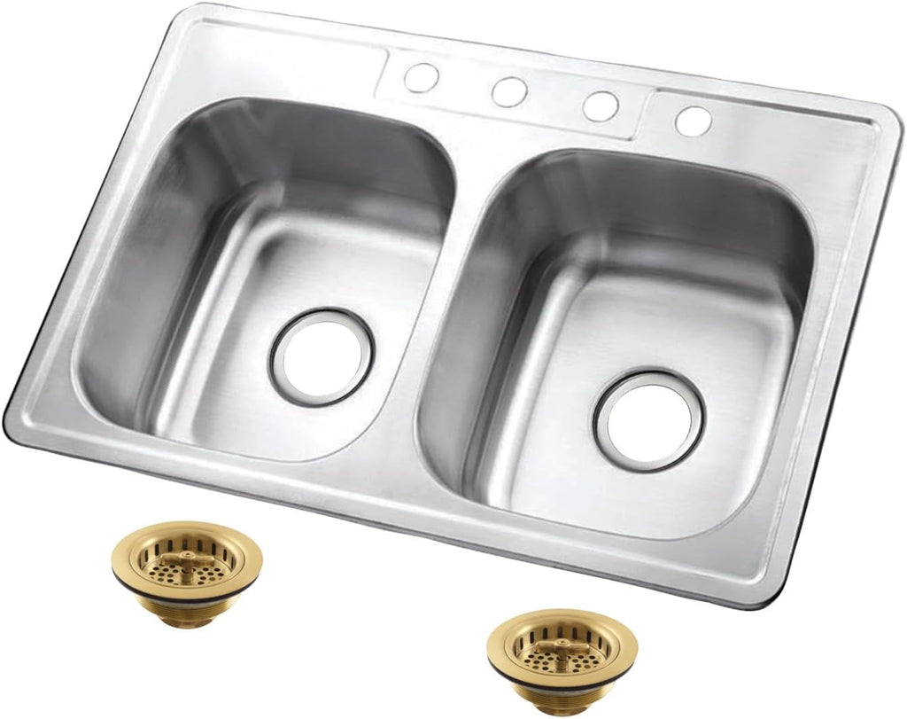Kingston Brass Studio KGKTD332267 33' Stainless Steel Self-Rimming Double Bowl Drop-In Kitchen Sink with 4-Hole Drain and Strainer, Stainless Steel/Brushed Brass