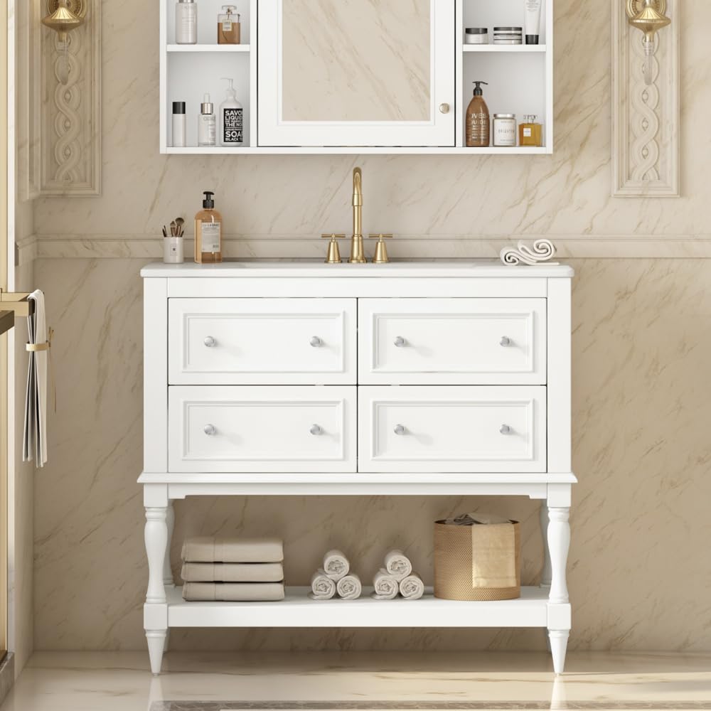 36 Inch Bathroom Vanity with Undermount Ceramic Sink, Free Standing Cabinet with 4 Drawers, Solid Wood Frame Modern Storage Set, Complete Single Basin Vanity for Bathroom (White)