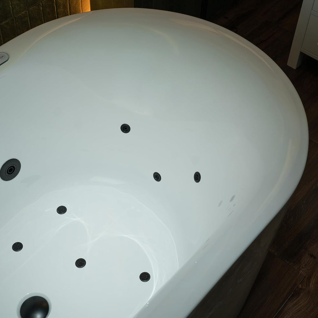 WOODBRIDGE 59' x 31-1/2' Whirlpool and Air Bath Heated Soaking Combination Tub with Adjustable Speed Air Blower, Tub Filler, and LED control panel, Matte Black Finish Trim and Drain Kit, BM100+F0051MB