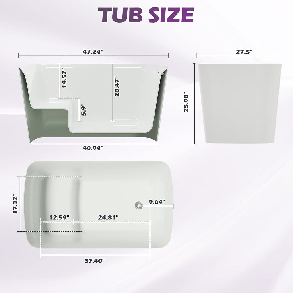 47' Lucite Acrylic Freestanding Bathtub，Square Shape Japanese Soaking Tub with Seat Desgin,Toe-tap Chrome Right Drain, Slotted Overflow, cUPC Certified,Glossy White