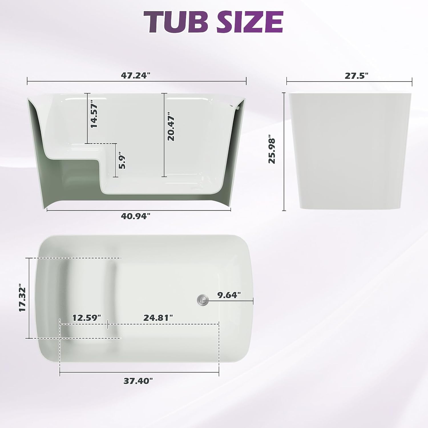 47' Lucite Acrylic Freestanding Bathtub，Square Shape Japanese Soaking Tub with Seat Desgin,Toe-tap Chrome Right Drain, Slotted Overflow, cUPC Certified,Glossy White