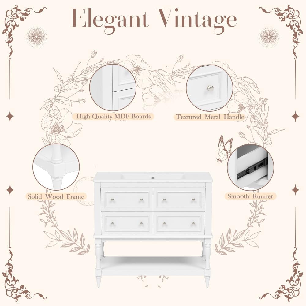 36 Inch Bathroom Vanity with Undermount Ceramic Sink, Free Standing Cabinet with 4 Drawers, Solid Wood Frame Modern Storage Set, Complete Single Basin Vanity for Bathroom (White)