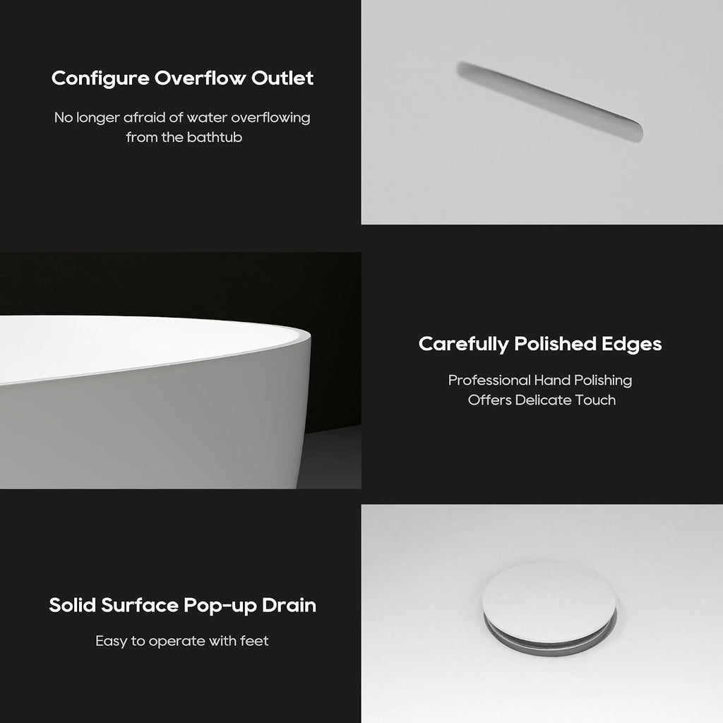 59' Freestanding Solid Surface Bathtub, Oval Stone Resin Soaking Tub Modern Design Stand Alone Tub with Pop-up Drain & Overflow Matte White