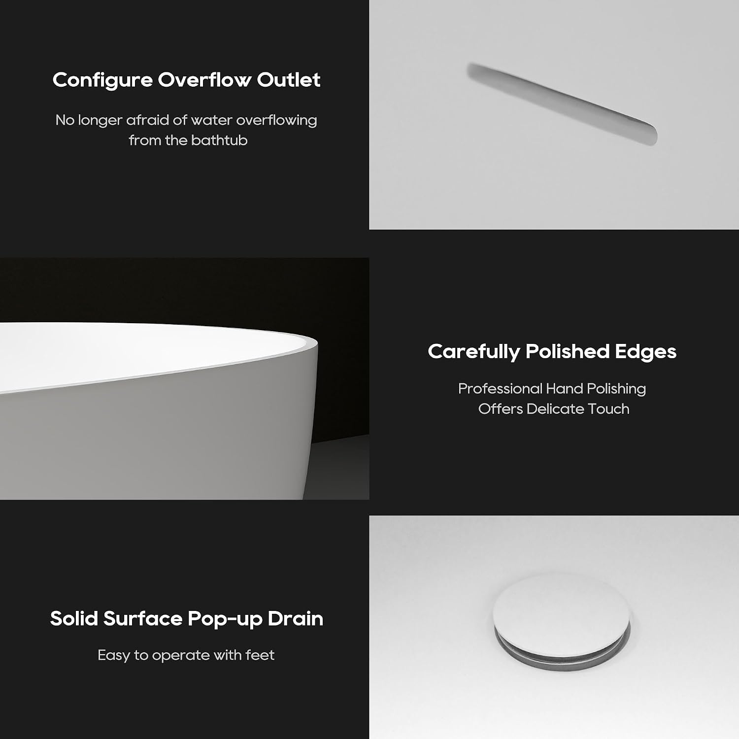 59' Freestanding Solid Surface Bathtub, Oval Stone Resin Soaking Tub Modern Design Stand Alone Tub with Pop-up Drain & Overflow Matte White