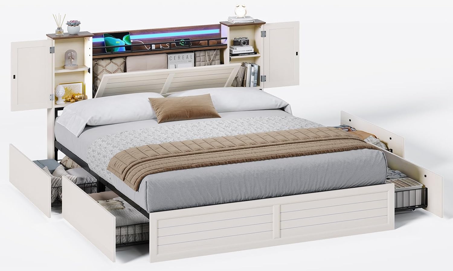 VIAGDO Farmhouse Queen Bed Frame with Headboard and Double Barn Door Storage Cabinets, Rustic Wooden Bed Frame Queen Size with Charging Station, 4 Drawers and LED Lights, No Box Spring Needed, White