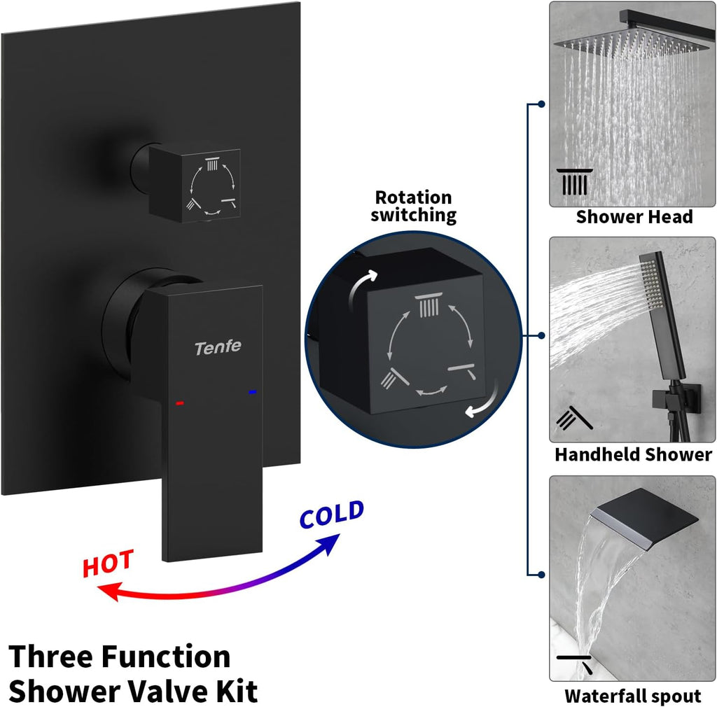 Male NPT Matte Black Shower System, 12 Inch Shower Fixtures Rain Shower Head with Handheld Shower Spray, Wall Mount Shower Faucet Set for Bathroom(Pressure Balance Shower Trim Valve Kit Included)