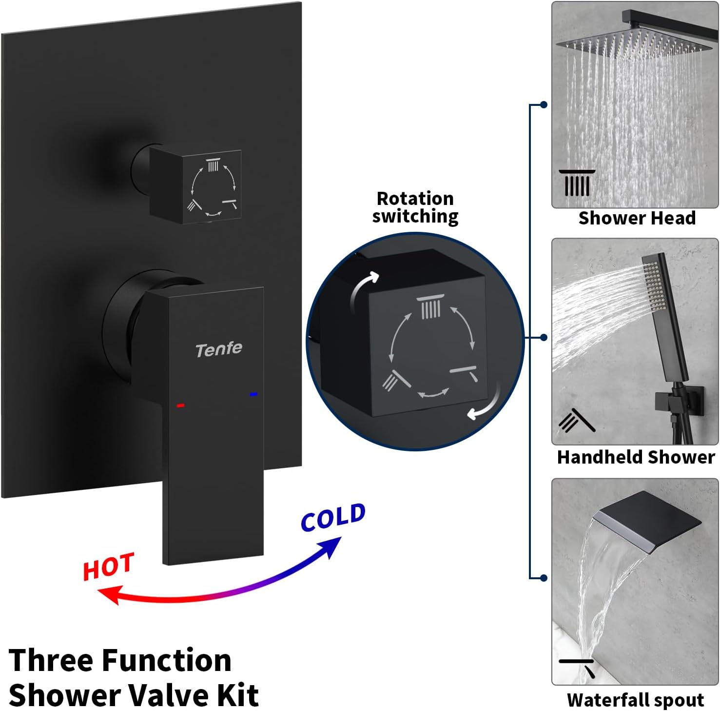 Male NPT Matte Black Shower System, 12 Inch Shower Fixtures Rain Shower Head with Handheld Shower Spray, Wall Mount Shower Faucet Set for Bathroom(Pressure Balance Shower Trim Valve Kit Included)