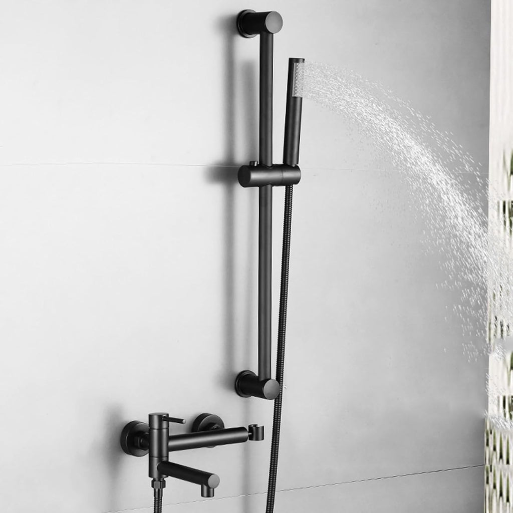 BiaoTeng Wall Mount Tub Faucet with Handheld Shower Hot and Cold Brass Single Handle Wall Mount Bath Tub Faucet Set Black