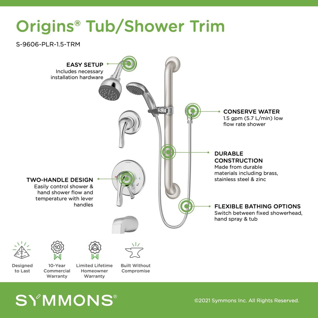 Symmons S-9606-PLR-1.5-TRM Origins 2-Handle Tub and 1-Spray Shower Trim with 1-Spray Hand Shower in Polished Chrome (Valves Not Included)