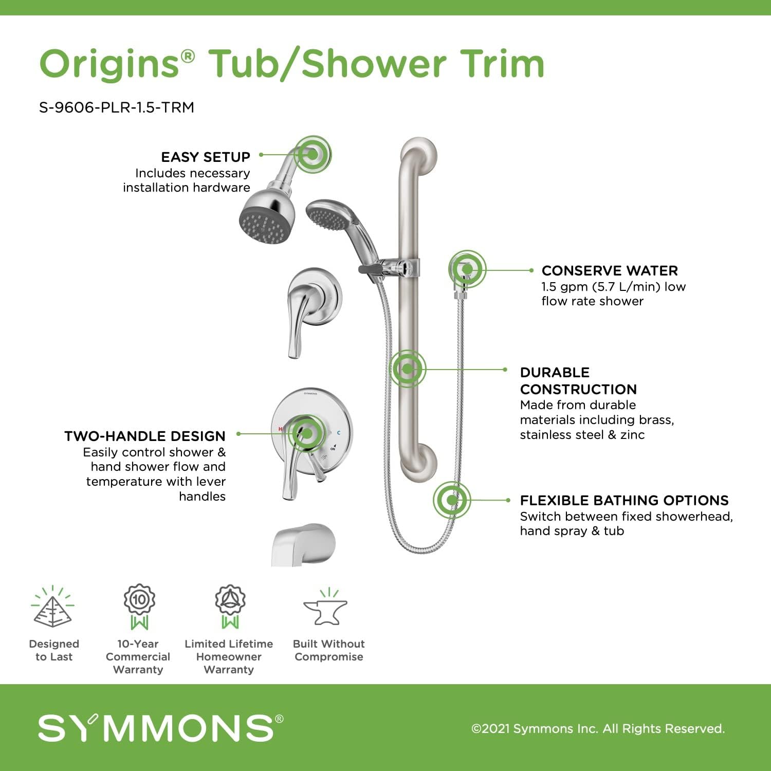 Symmons S-9606-PLR-1.5-TRM Origins 2-Handle Tub and 1-Spray Shower Trim with 1-Spray Hand Shower in Polished Chrome (Valves Not Included)
