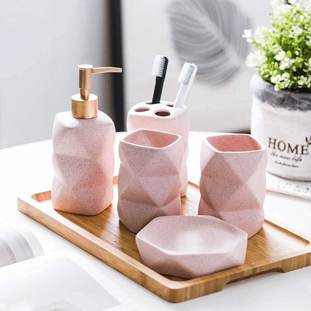 Soap Dispenser Soap Dispenser 6 Piece Stunning Bathroom Accessories Set Geometric Design Ceramics Tumbler Dispenser Shower,Pink