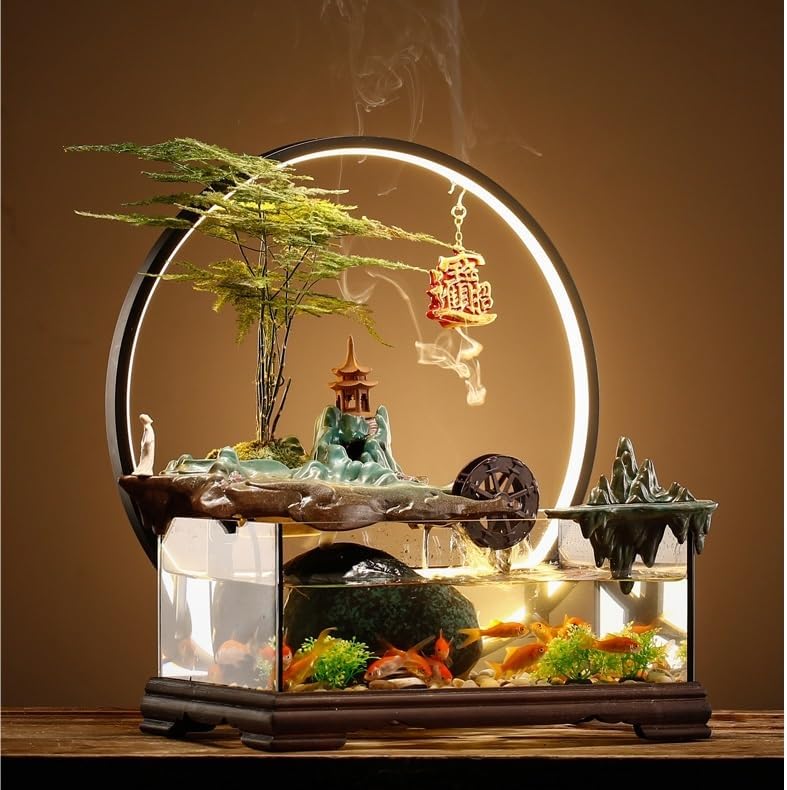 Tabletop Water Fountain Tabletop Fountain Fish Tank Flowing Water Ornaments Circulating Water Fountain Landscape Home Living Room Office Desktop Decoration Indoor Fountain(A)