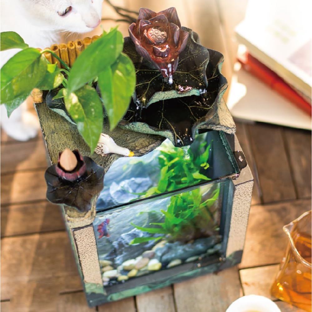 GRFIT Indoor Fountain Desktop Fountain with Waterfall and Mini Landscape Self Cleaning Zen Scape Flow for Indoors Tabletop Fountain