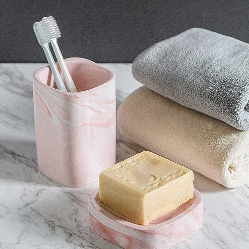 Bathroom Accessory Sets, Ceramic Bathroom Accessories Complete Set Vanity Countertop Accessory Set,4 Pieces Includes Lotion Dispenser Soap Pump,Toothbrush Holder (Color : Gray) (Pink)