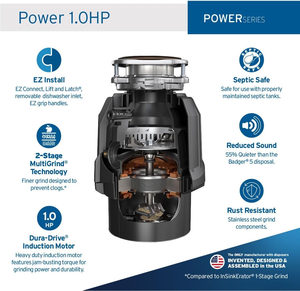 InSinkErator Power 1HP, 1 HP Garbage Disposal, Power Series EZ Connect Continuous Feed Food Waste Disposer, Black