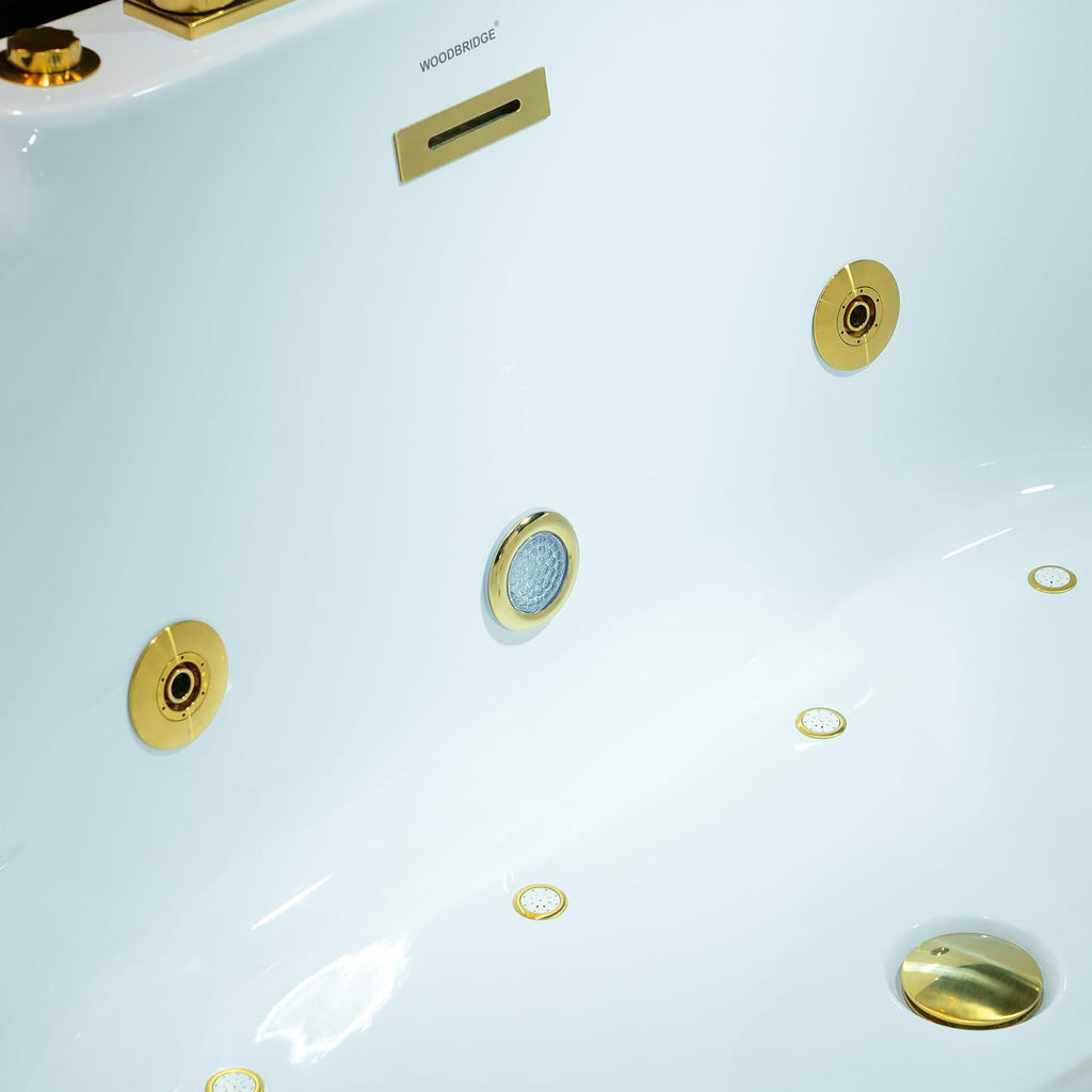 WOODBRIDGE 59' x 31-1/2' Whirlpool and Air Bath Heated Soaking Combination Tub with Adjustable Speed Air Blower, Faucet and Display Control Panel, Brushed Gold Finish Trim and Drain Kit,BG100+F0045BG