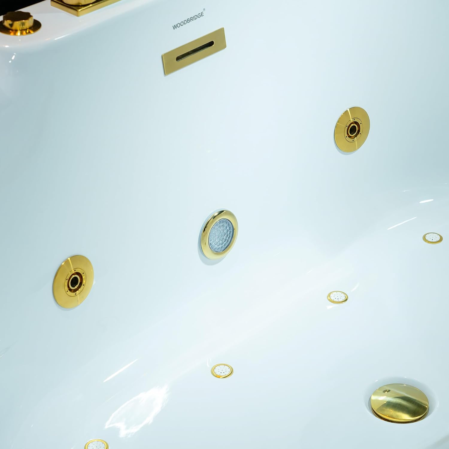 WOODBRIDGE 59' x 31-1/2' Whirlpool and Air Bath Heated Soaking Combination Tub with Adjustable Speed Air Blower, Faucet and Display Control Panel, Brushed Gold Finish Trim and Drain Kit,BG100+F0045BG