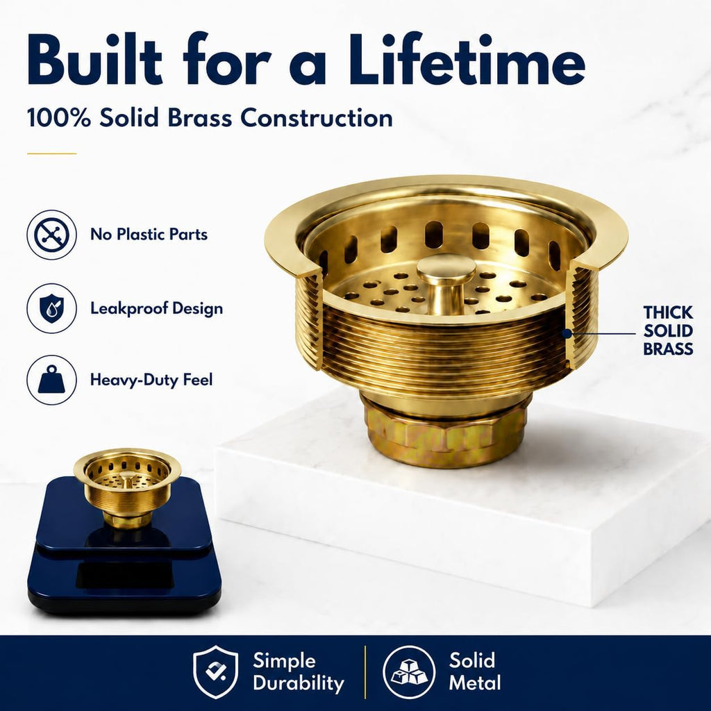 Nantucket Sinks Kitchen Sink Drain Kit – 3-1/2 Brass Sink Drain Assembly, Gold Color, Unlacquered for Patina, Solid, with Basket Strainer