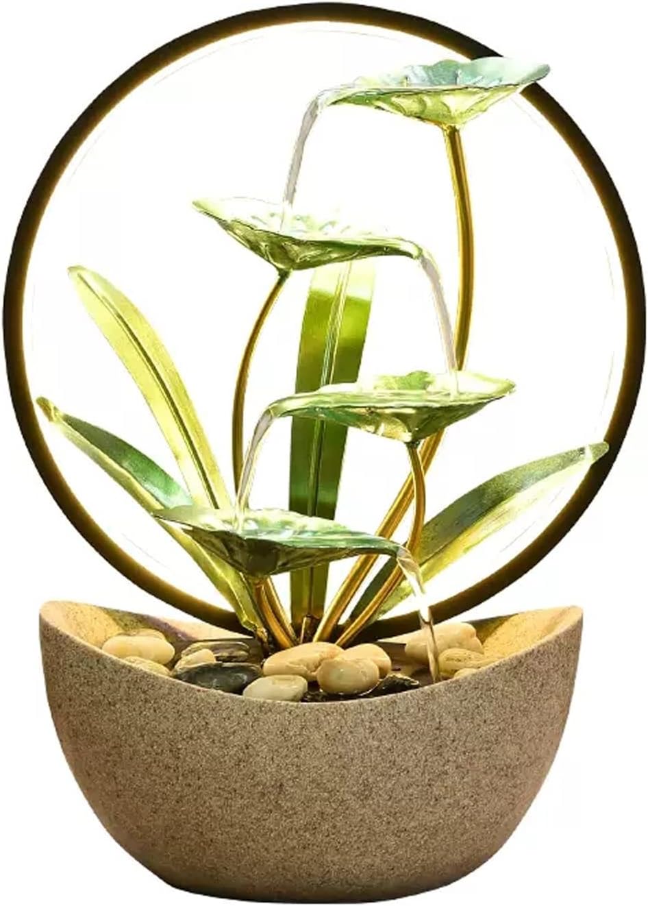HIHELO Desktop Fountain Tabletop Fountain Indoor Lotus Leaf Leisure Fountain Tabletop Waterfall Decorative Fountain with Round Scene Lights Water Fountain Outdoor