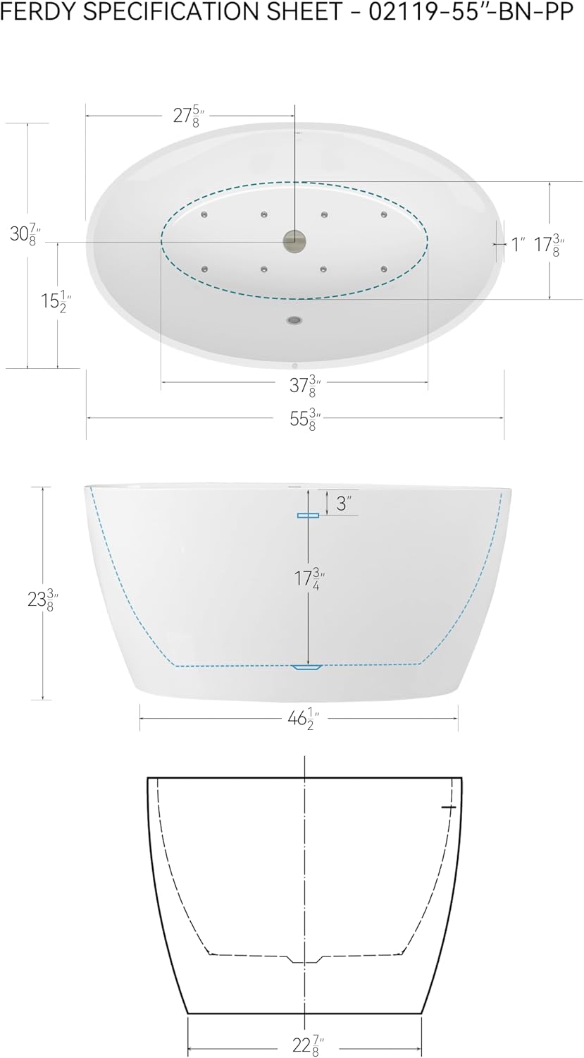 FerdY Tahiti 55 Inch Acrylic Freestanding Whirlpool Bathtub, Oval with 8 Air Water SPA Jets, Morden White Stand Alone Jetted Tub, Luxury Acrylic Free Stand Deep Soaking Bath Tub with LED Light