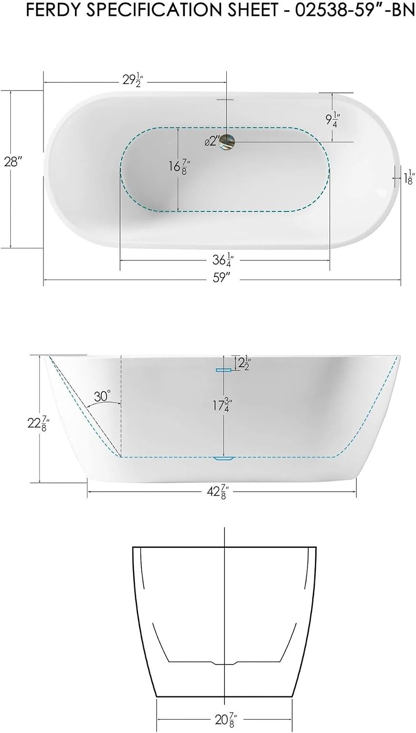 FerdY Bali 59' Acrylic Freestanding Bathtub, Gracefully Shaped Freestanding Soaking Bathtub with Brushed Nickel Drain & Minimalist Linear Design Overflow, Glossy White, cUPC Certified