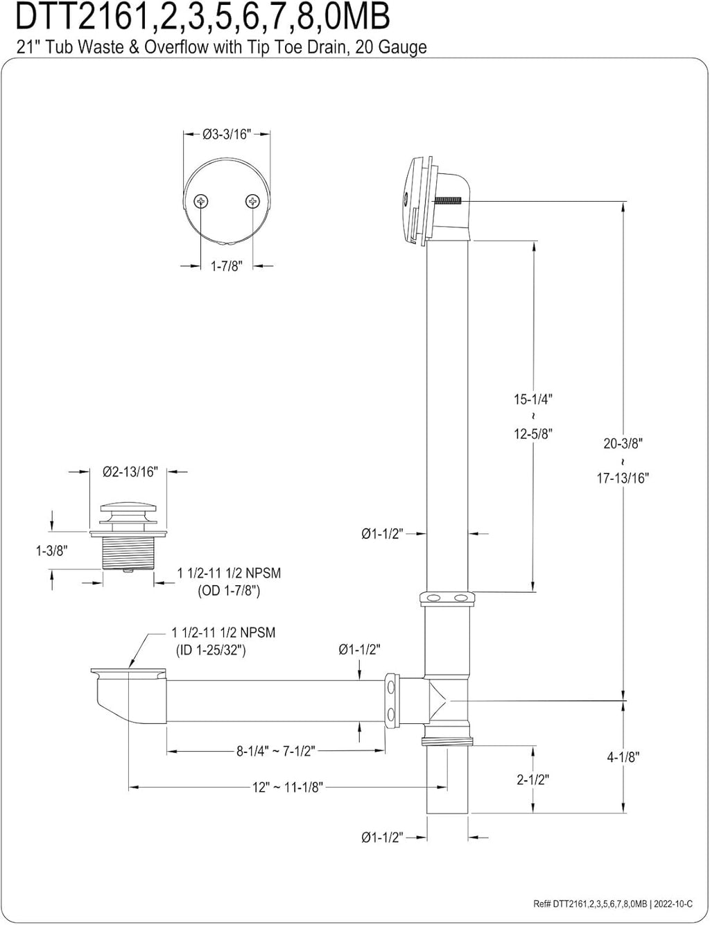 Kingston Brass DTT2163 21' Tip-Toe Tub Waste and Overflow Drain, 20 Gauge, Antique Brass