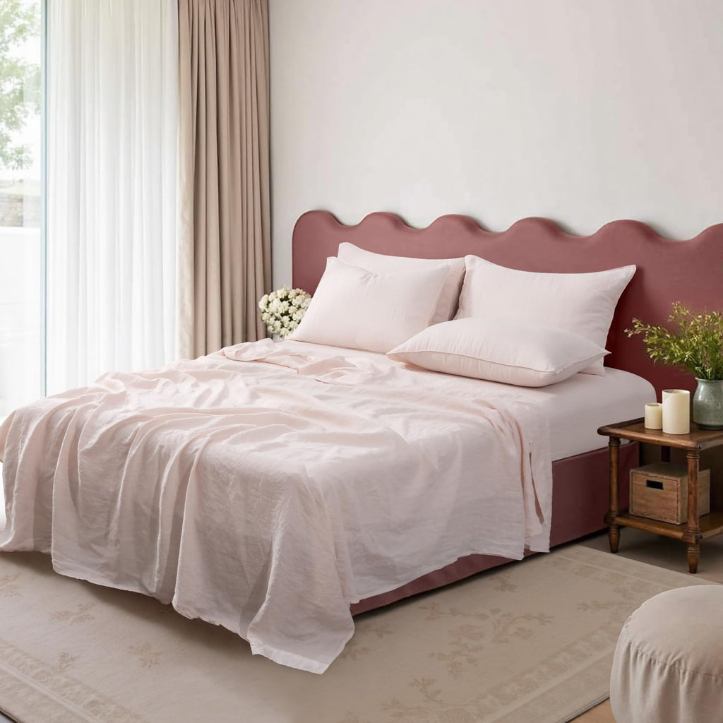 S VICTORY SYMBOL 100% Organic Linen Sheets Set Queen Size,Washed French Flax Bed Sheets 4 Pieces(2 Pillowcases,1 Fitted Sheet,1 Flat Sheet) Pale Pink,Natural Linen Bedding