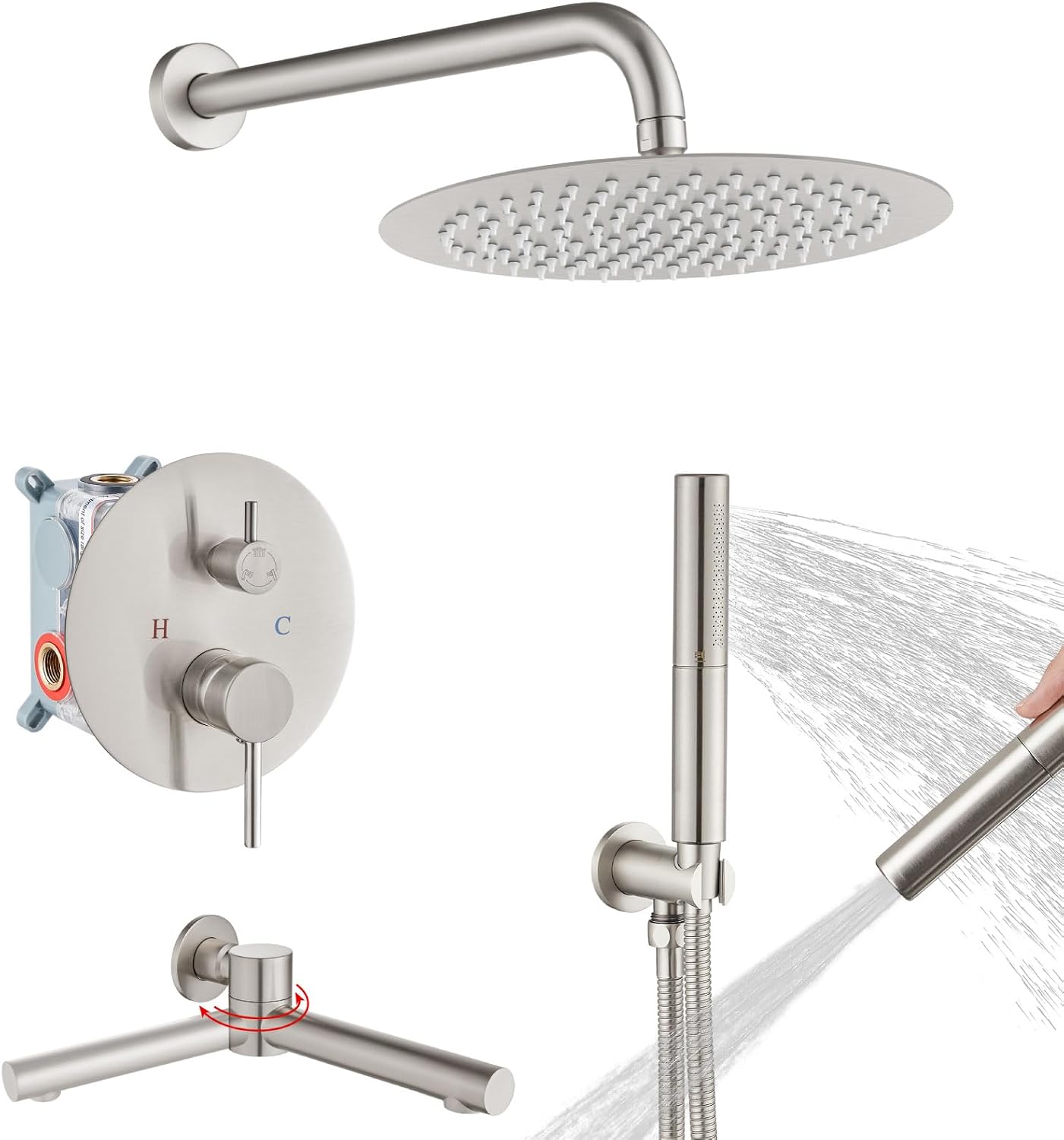 Airuida 3-Function Shower System with Tub Spout – Round Rainfall Shower Faucet Combo,Handheld Spray with 2 Functions,Includes Rough-In Valve with 360° Rotating Drain,10 Inch Shower Head,Brushed Nickel