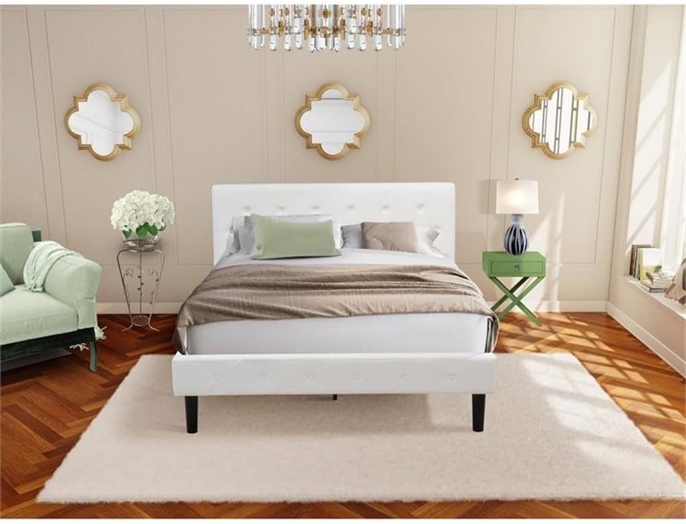 East West Furniture NL19Q-1HA12 2 Piece Bedroom Set - Button tufted Queen Size Bed - Linen white Velvet Fabric Upholstered Headboard and a Clover Green Finish Nightstand