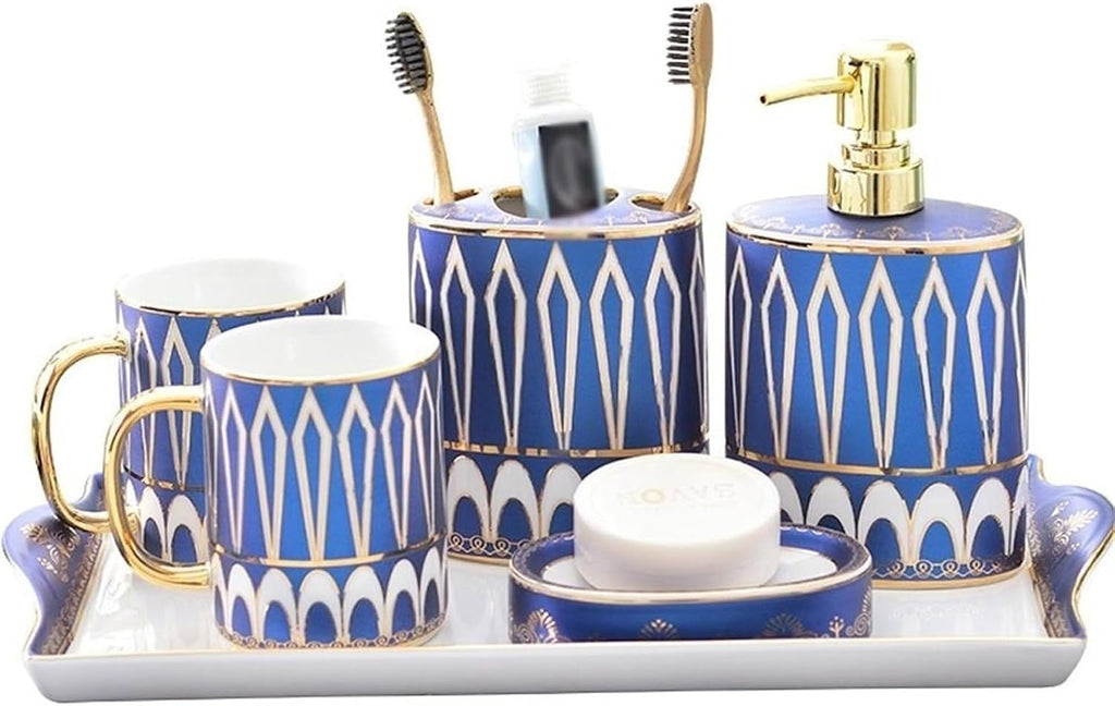 Ceramics Bathroom Accessories Set 6-Piece Soap Dispenser，Toothbrush Holder，Toothbrush Cup，Soap Dish，Tray Bathroom Accessory Sets Blue Bath Set