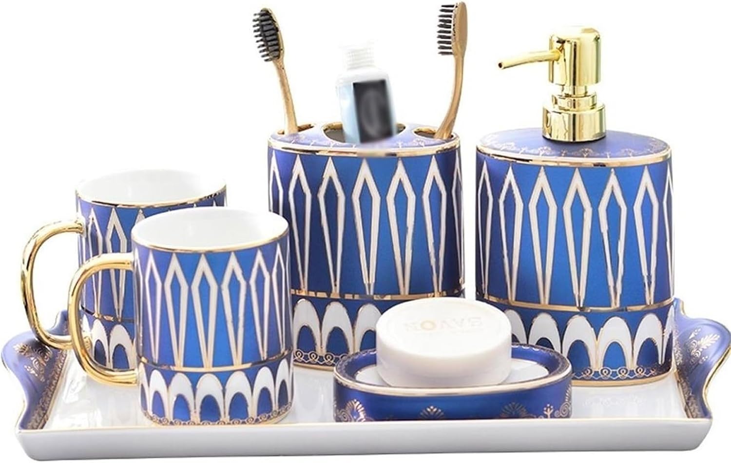 Ceramics Bathroom Accessories Set 6-Piece Soap Dispenser，Toothbrush Holder，Toothbrush Cup，Soap Dish，Tray Bathroom Accessory Sets Blue Bath Set