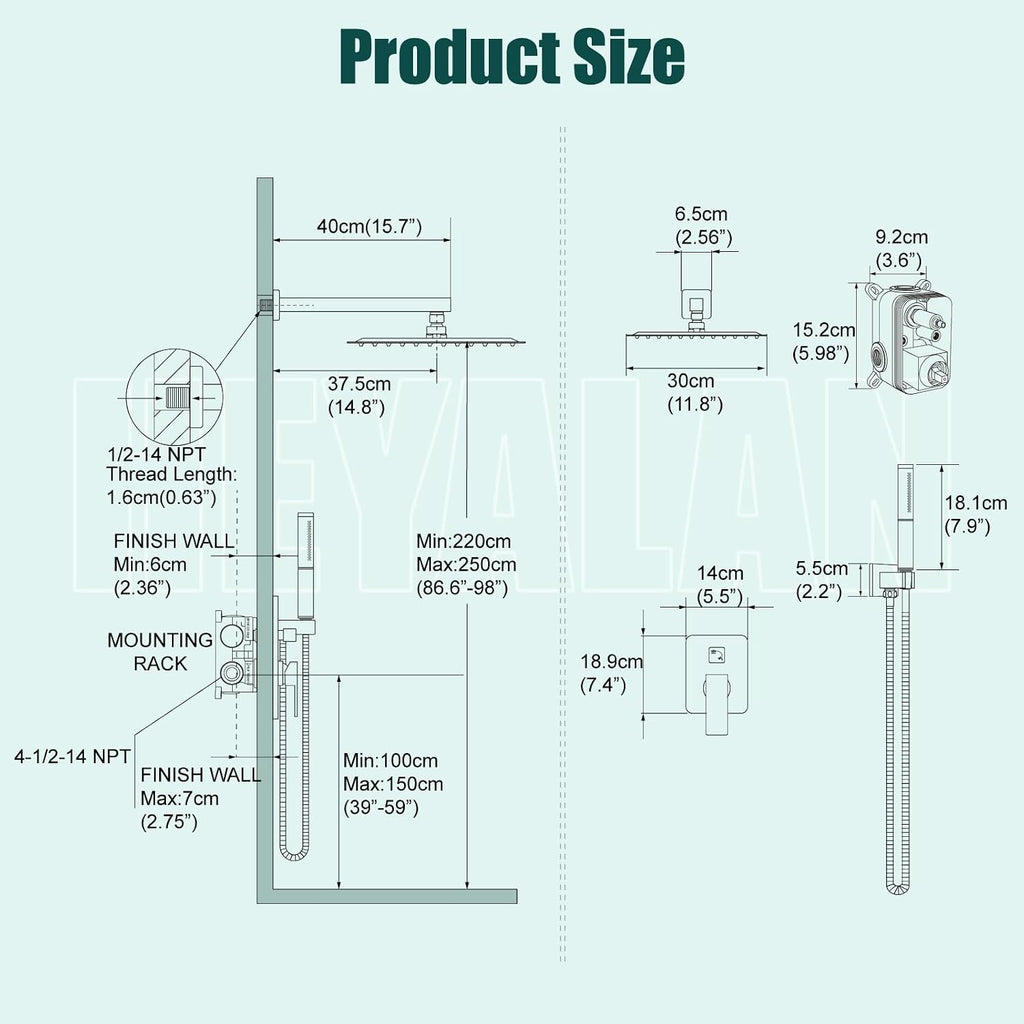 Heyalan Shower System Square Rain Shower System Head Shower Faucet Fixture 2 in 1 Handheld Shower Sprayer Rough in Valve Wall Mount Bathroom Rainfall Combo Set High Pressure,12 Inch,Matte Black
