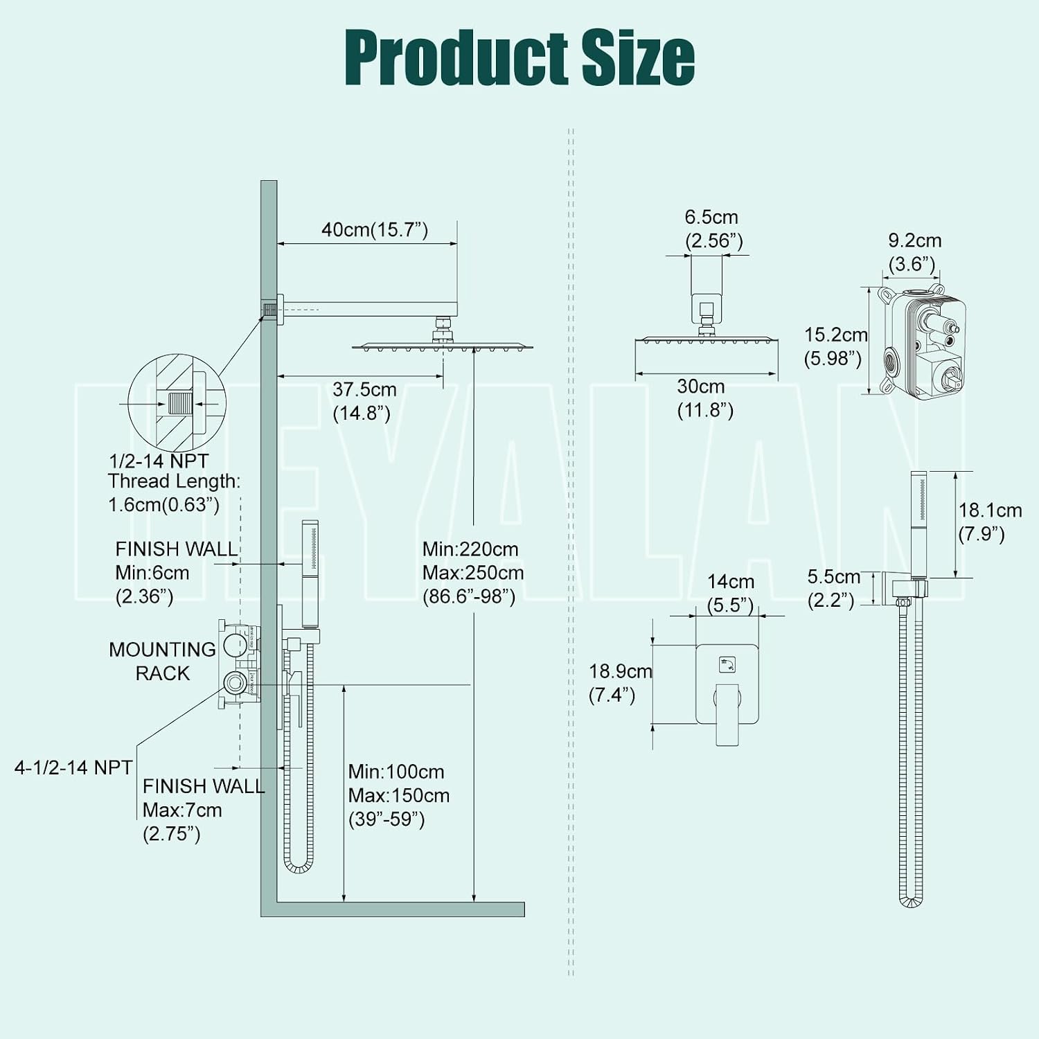 Heyalan Shower System Square Rain Shower System Head Shower Faucet Fixture 2 in 1 Handheld Shower Sprayer Rough in Valve Wall Mount Bathroom Rainfall Combo Set High Pressure,12 Inch,Matte Black