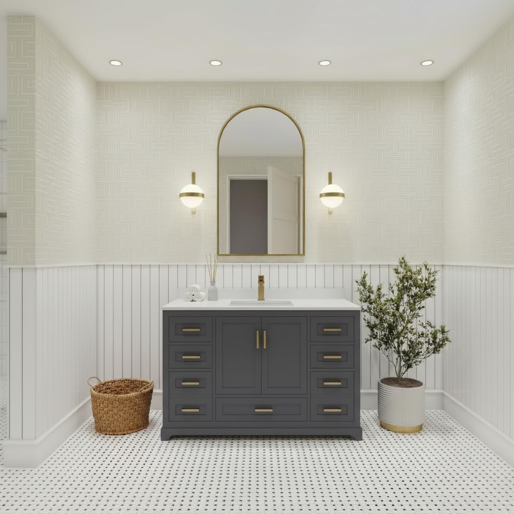 Ayna Decors Maya 48 Inch Single Vanity with Sink and Quartz Countertop in Charcoal Grey, Freestanding Bathroom Vanities with Soft Close Doors and Drawers - Brushed Gold Hardware