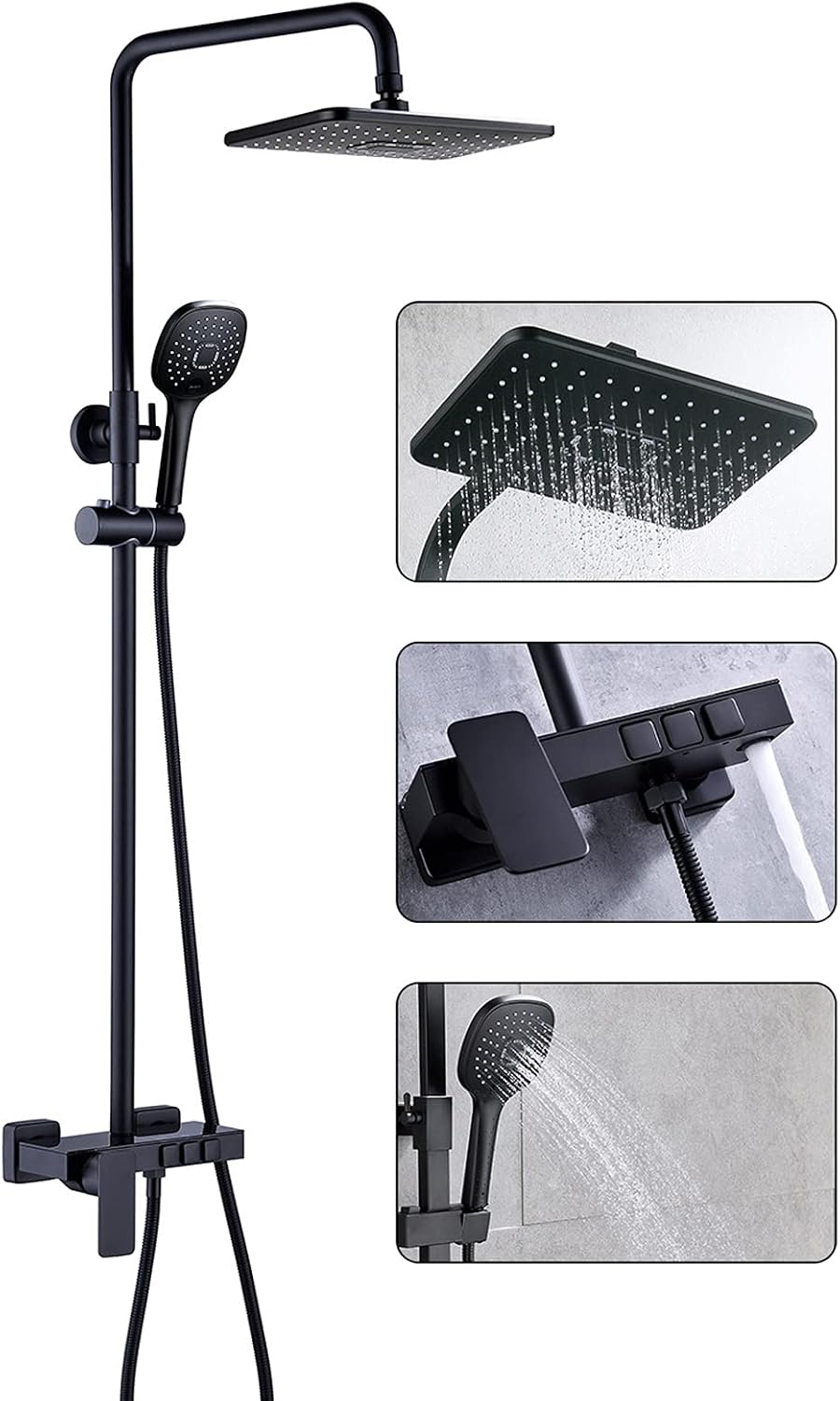 Shower Fixtures Brass Shower Faucets Sets Wall Mount 3 Function Exposed Shower System Complete Set with High Pressure Shower Head (Color : Black)