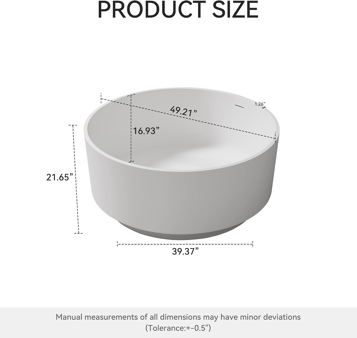 49' Premium Solid Surface Freestanding Bathtub, Upgraded Round Soaking Deep Stone Resin Tub with Overflow and Pop-up Drain, Matte White