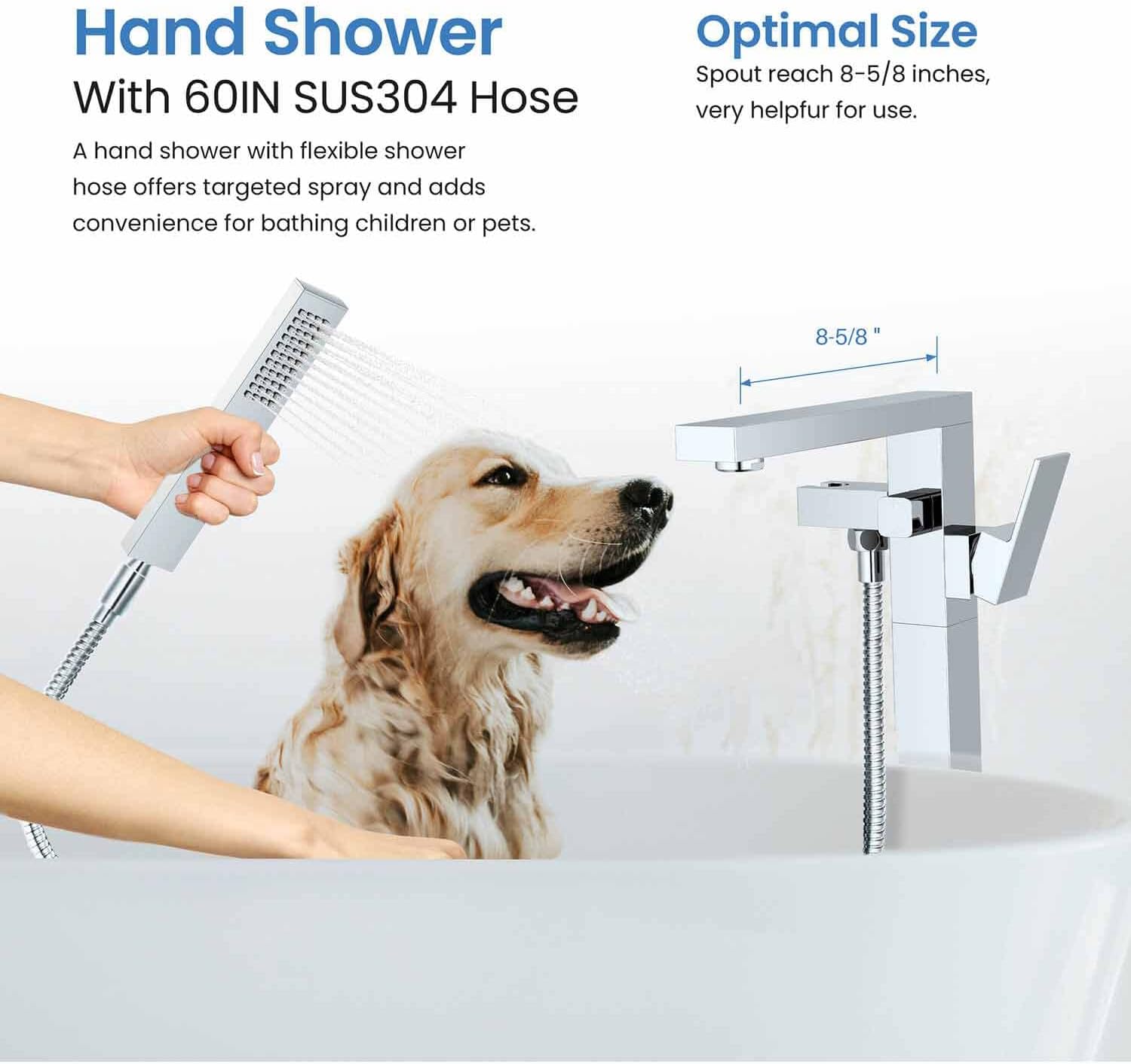 KIBI Freestanding Bathtub Faucet with Hand Shower, Floor Mounted Tub Filler – Single Handle Solid Brass Bathroom Faucet with Ceramic Cartridge & Stainless Steel Hose, Chrome Finish (KTF302CH)
