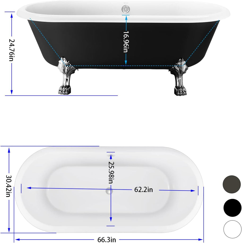 67' Acrylic Freestanding Bathtub, Free Standing Clawfoot Tub, Soaking Tub with Integrated Slotted Overflow, Toe-Tap Chrome Drain, cUPC Certified, Matte Black
