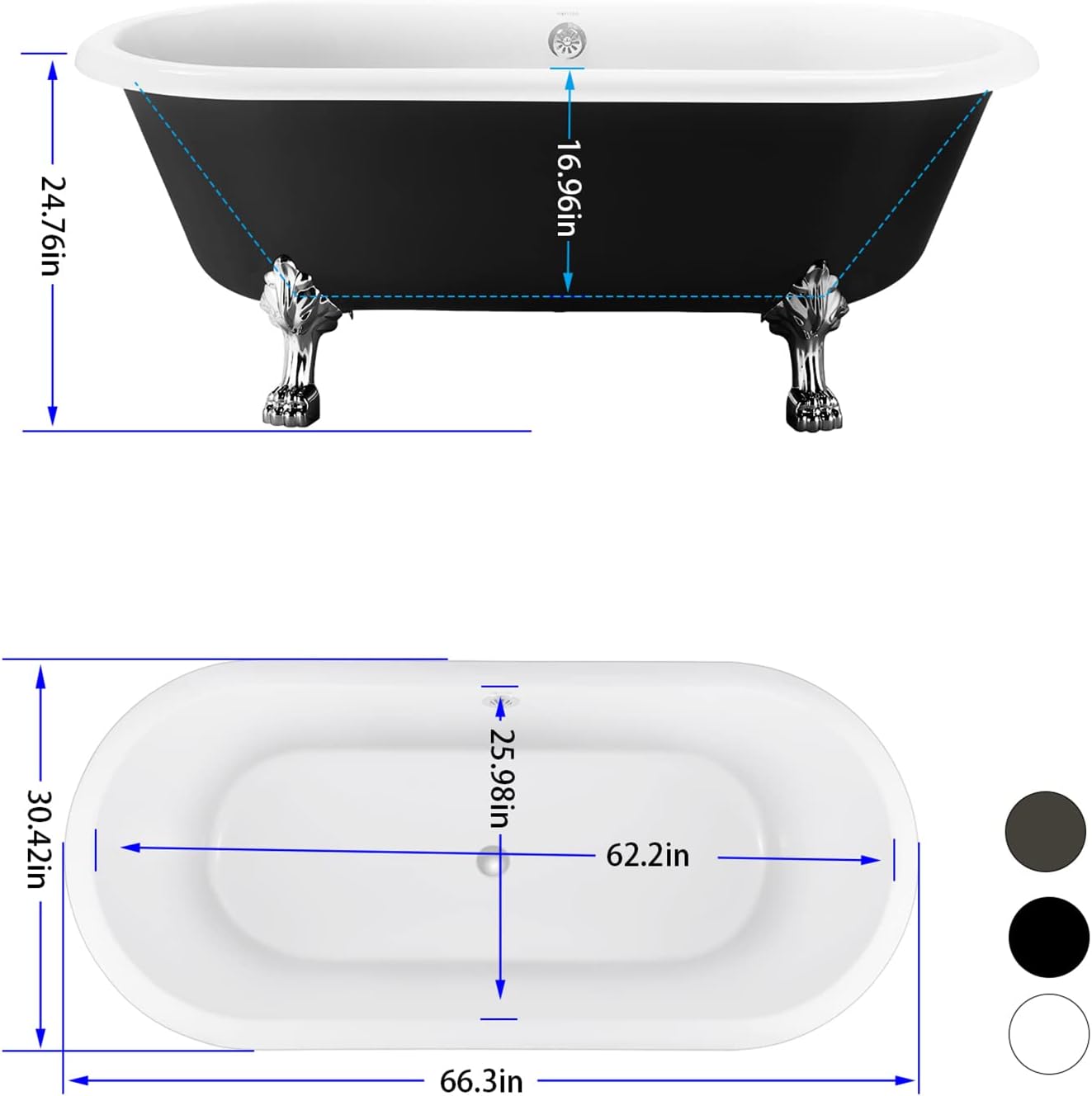 67' Acrylic Freestanding Bathtub, Free Standing Clawfoot Tub, Soaking Tub with Integrated Slotted Overflow, Toe-Tap Chrome Drain, cUPC Certified, Matte Black