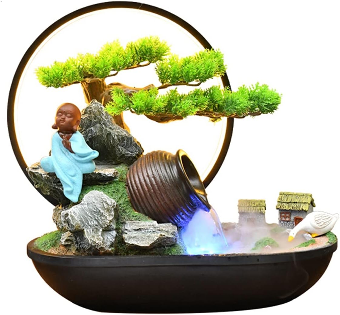 Tabletop Fountain Tabletop Fountains and Waterfalls Resin Tabletop Fountain with Light Indoor Office Rockery and Water Fountain Feng Shui Wheel Lucky Decoration Tabletop Water Fountain