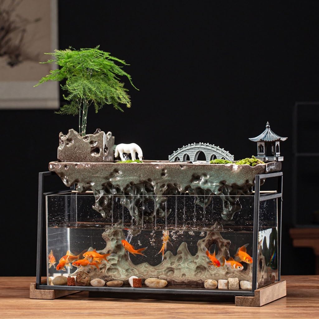 GUERNSEY Tabletop Fountain Zen Chinese Style Circulating Rockery Water Fountain Creative Home Living Room Glass Fish Tank Decoration Indoor Waterfall Feature Indoor Fountain