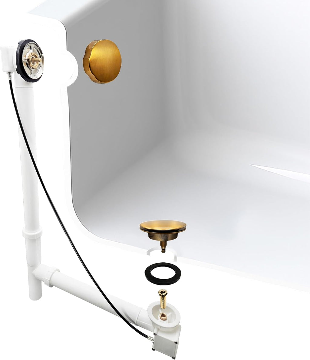 Westbrass A50P27TLE-18 27' Cable Drive Bath Drain Trim Kit with Rotary Overflow Cover Knob, European Stopper and Poly Tubular Pipes, Brushed Bronze