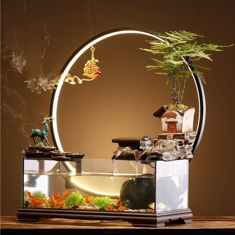 Tabletop Water Fountain Tabletop Fountain Fish Tank Flowing Water Ornaments Circulating Water Fountain Landscape Home Living Room Office Desktop Decoration Indoor Fountain(B)