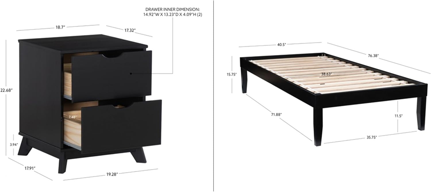 Powell Fordham Black Solid Pine Wood Twin Sized Platform Bed with Two Drawer Nightstand
